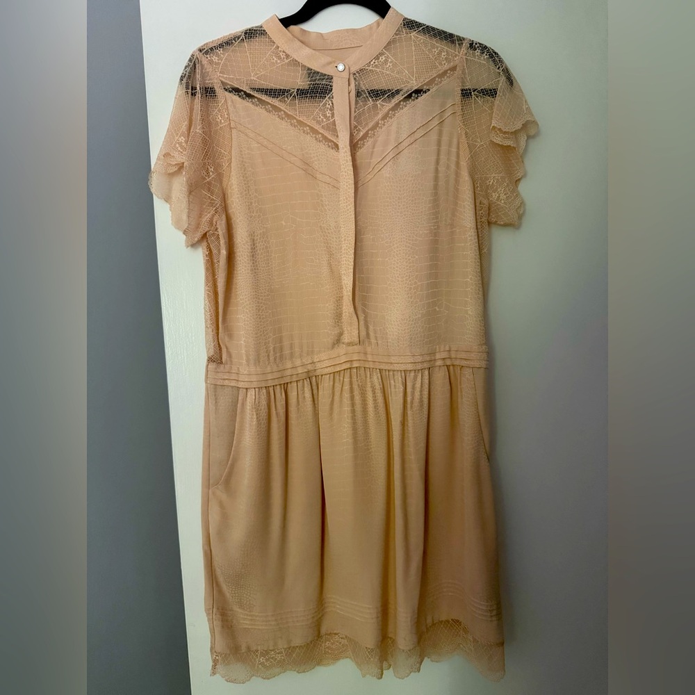 EUC Zadig & Voltaire pink silk Mini Dress with lace and Flutter Sleeves